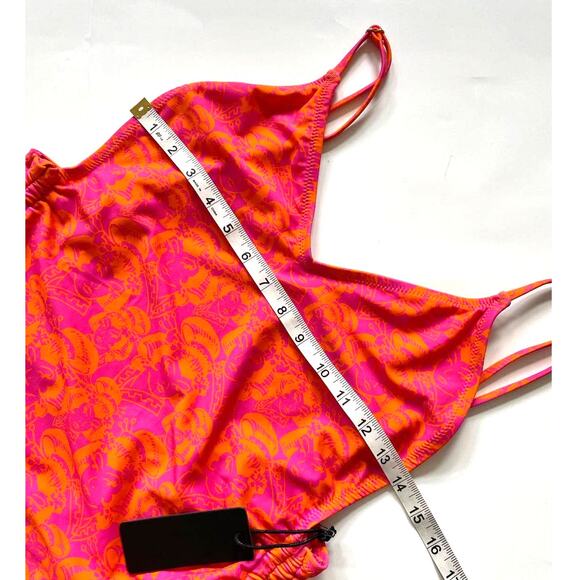 Ed Hardy High Cut‎ One Piece Swimsuit "Lady" Print Orange Pink Tie Size Large - Picture 7 of 10